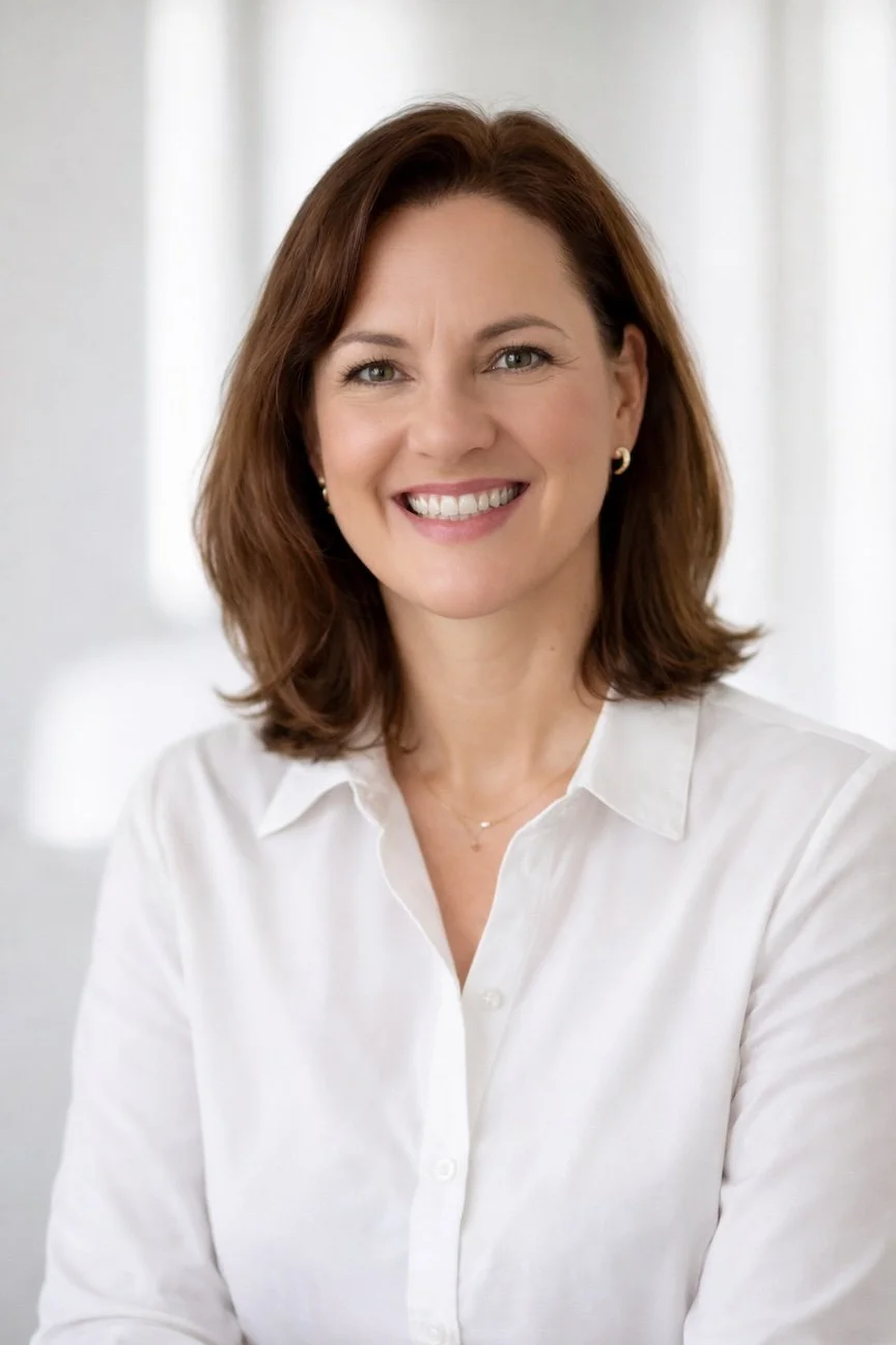 Portrait of founder Karen Keene with brown hair smiling, wearing a blue checkered blouse, standing in a bright, white room.
