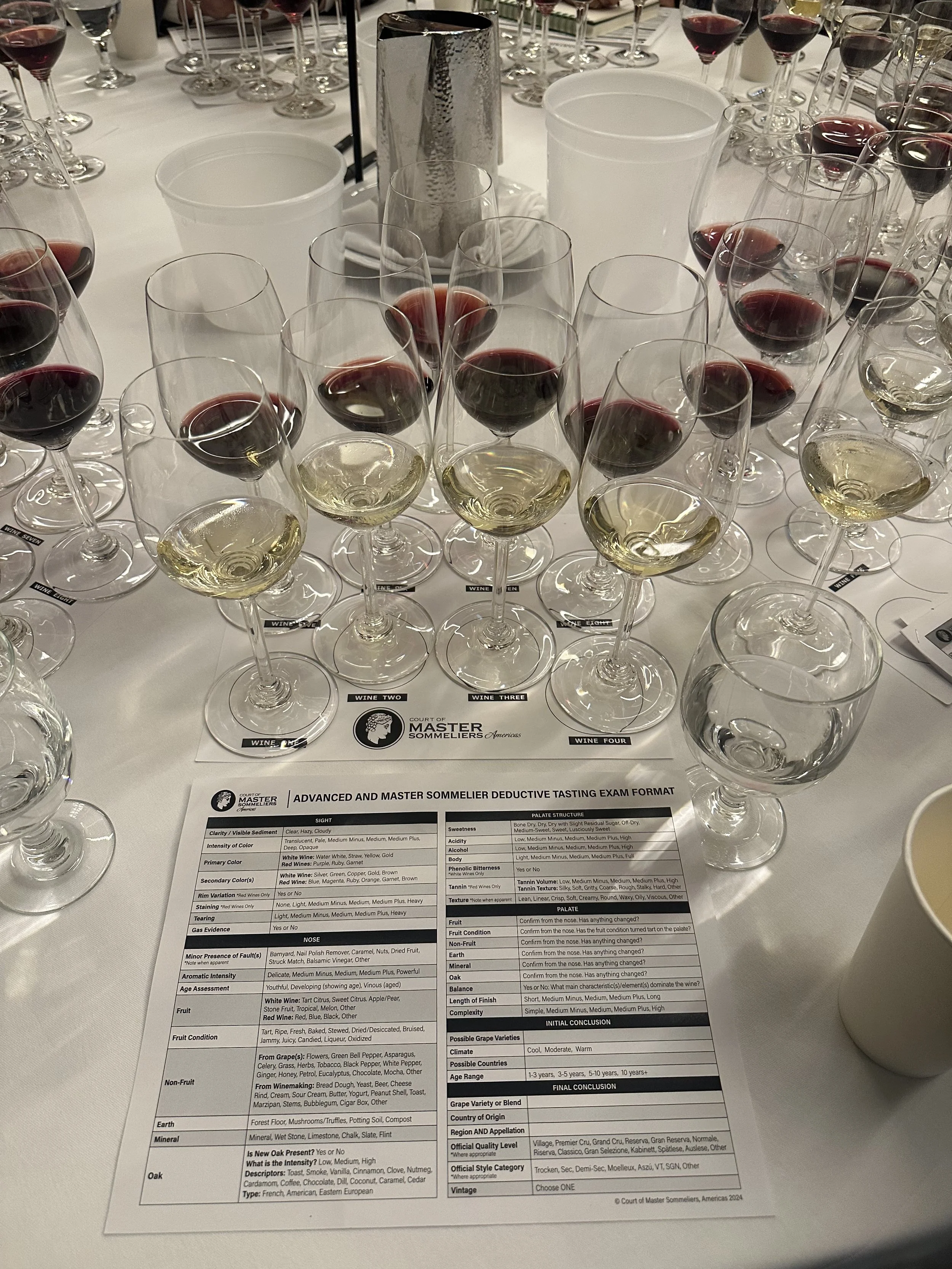 Multiple glasses of red and white wine on a table used for a wine tasting event, with tasting sheets and a water pitcher in the background.