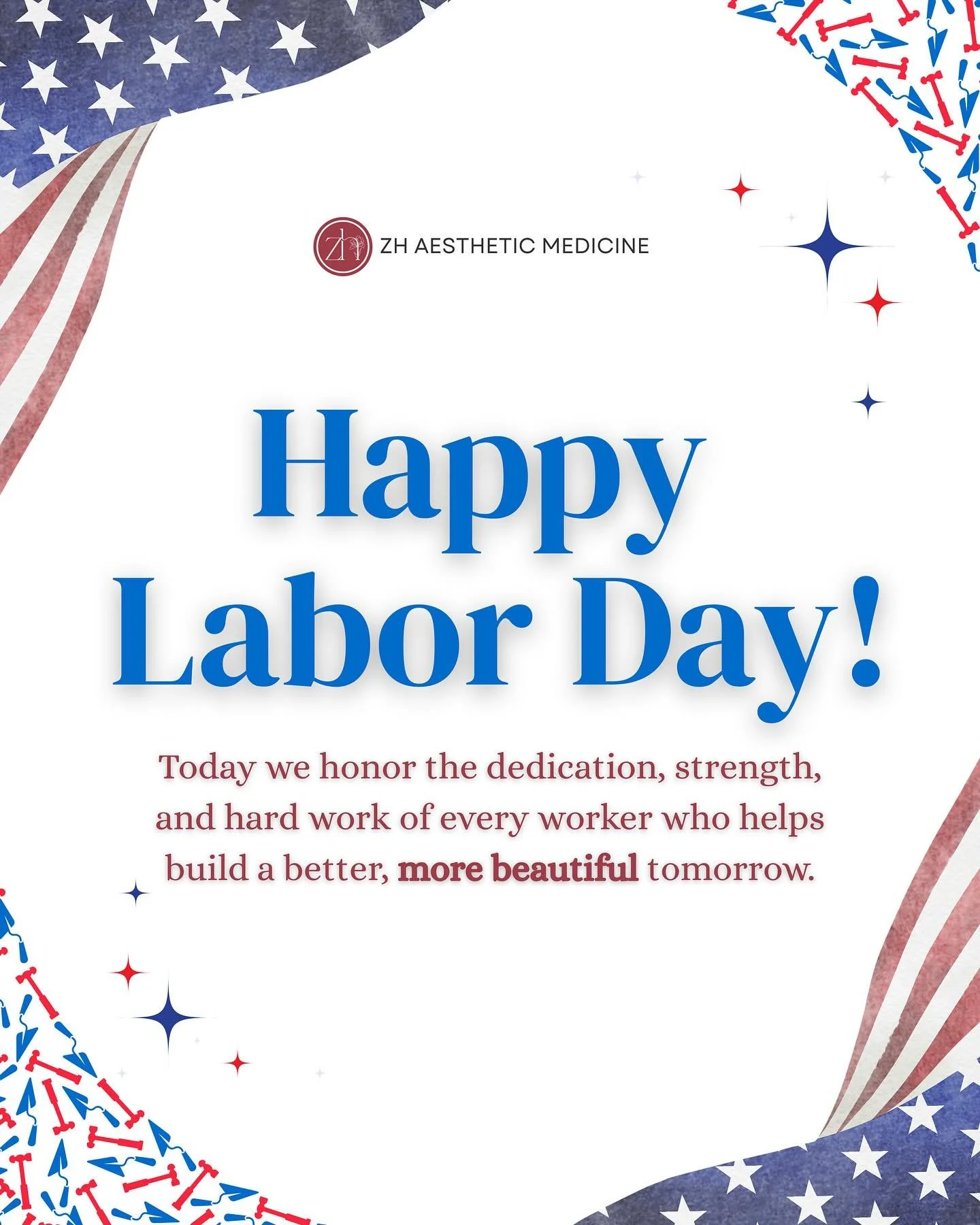 β¨ Happy Labor Day from all of us at ZH Aesthetic Medicine! β¨
Today we honor the dedication, hard work, and passion of every individual who helps make our communities thrive. Whether you’re caring for others, building, creating, or serving, you