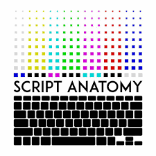 Colorful grid of dots, the words 'SCRIPT ANATOMY' in bold black, and a series of black rectangles resembling a keyboard or script layout.