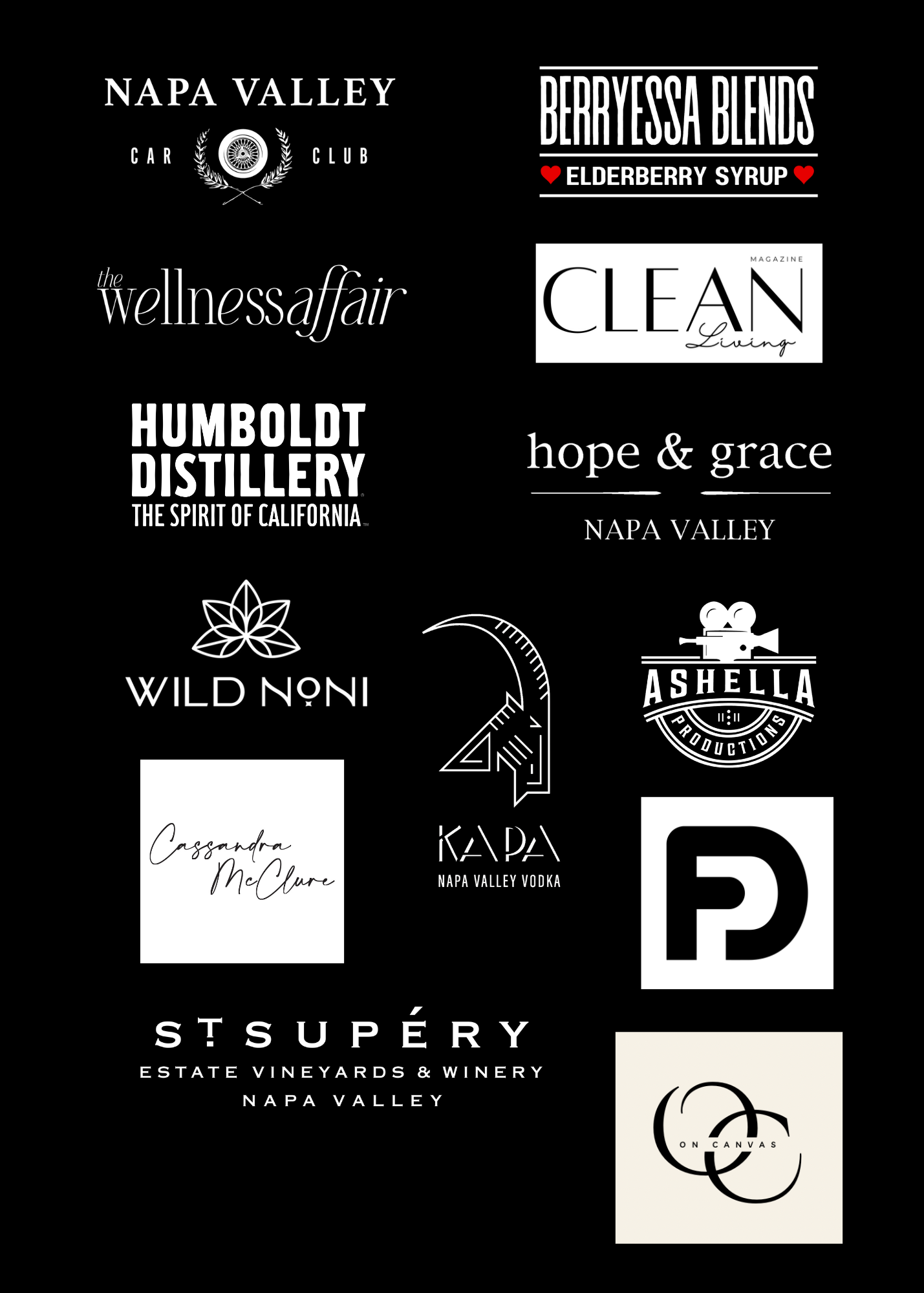 A collage of various logos and brands, including Napa Valley Car Club, Berryessa Blends elderberry syrup, The Wellness Affair, Clean Living magazine, Humboldt Distillery, Hope & Grace Napa Valley, Wild Noni, Cassandra McClure, Napa Valley Vodka, Asella Productions, P, St. Supéry Estate Vineyards & Winery Napa Valley, and On Canvas.