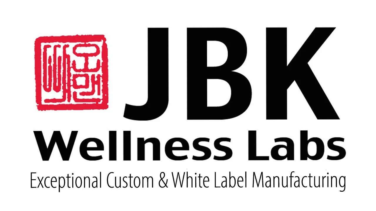 JBK Wellness Labs logo with red stamp, black text, and slogan about custom and white label manufacturing.