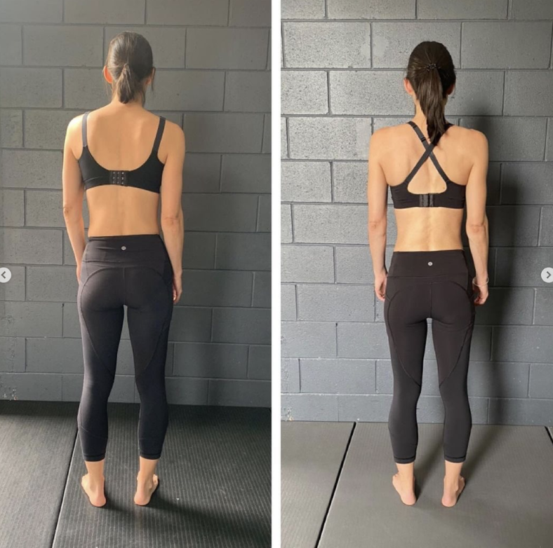 Side-by-side comparison of a woman's back, showing her wearing a sports bra and leggings in front of a gray brick wall, before and after a fitness transformation.