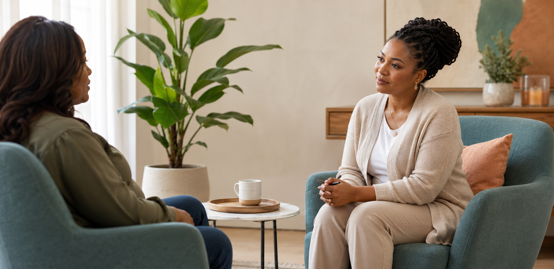 Therapist speaking with a client in a welcoming counseling session
