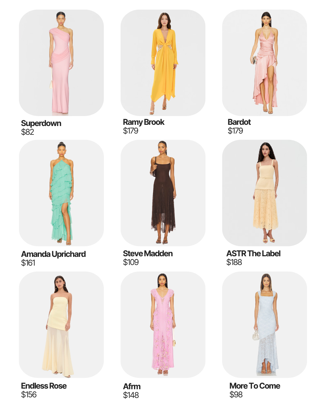 Fun colorful wedding guest dresses under $200. Pink, yellow, ruffles, feminine wedding guest dresses