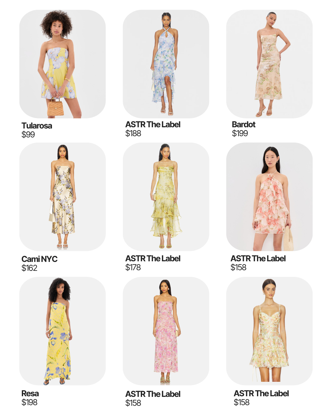 Floral wedding guest dresses. What to wear to a summer garden party wedding. Under $200