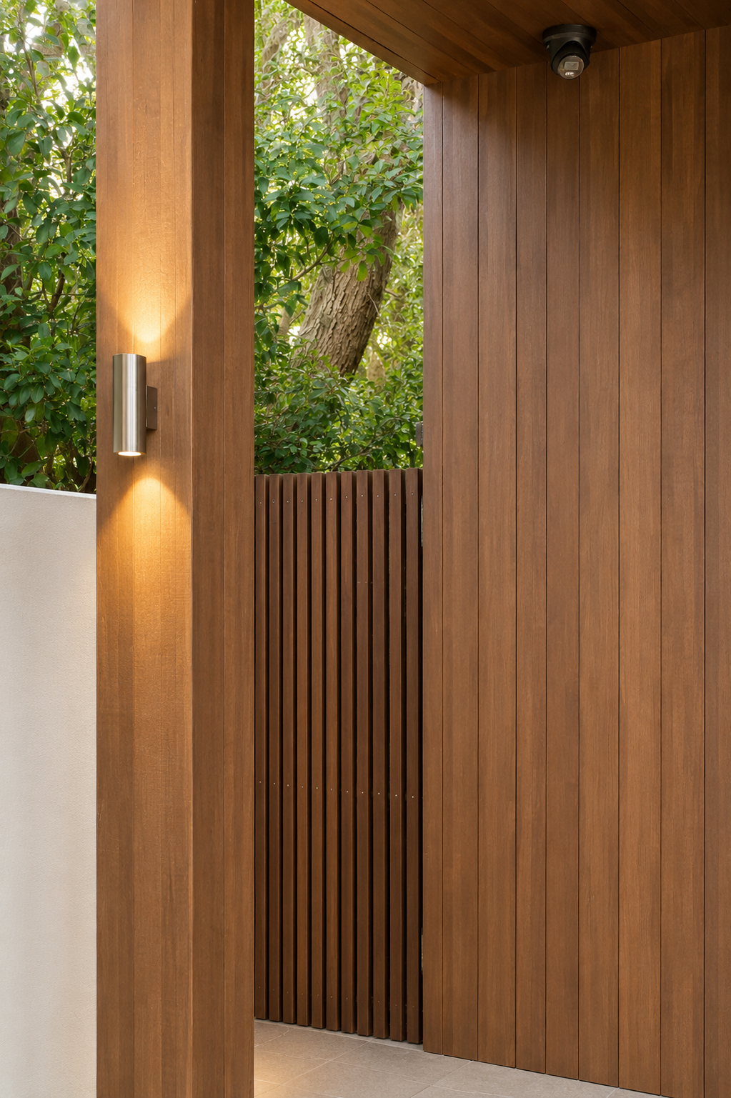 Modern outdoor space with wooden panels, a vertical wooden slat fence, a wall-mounted light, and lush green trees visible behind the fence.