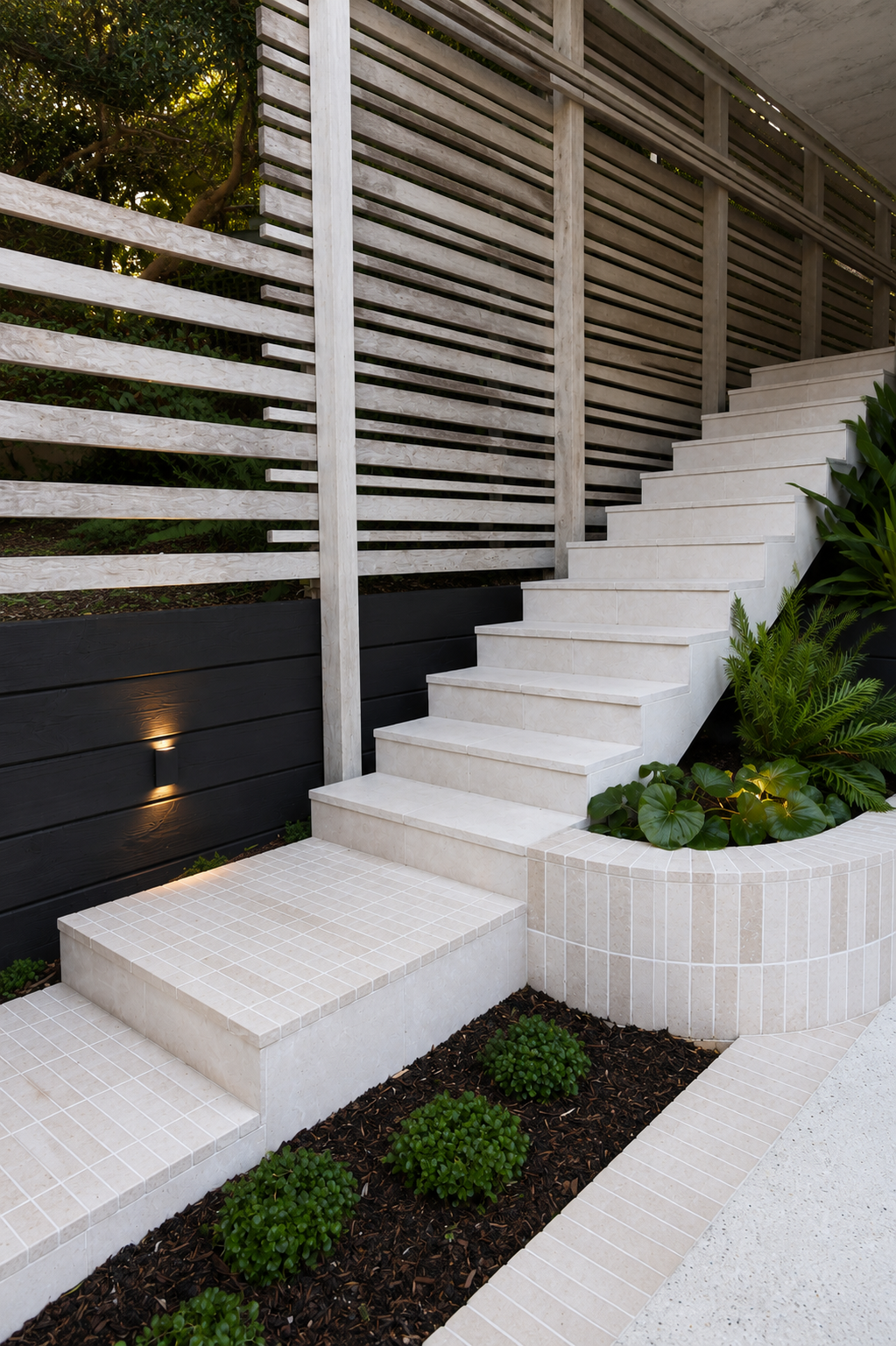 Modern outdoor staircase with light stone steps, black wooden wall, and horizontal wooden slat fence, surrounded by green plants and landscaping lighting.