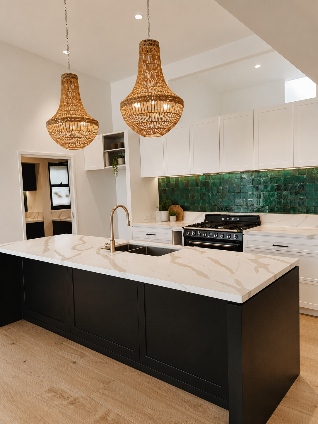 Modern kitchen with a large white marble island, black base, stainless steel sink, two rattan pendant lights, white cabinets, green tiled backsplash, and black stove.