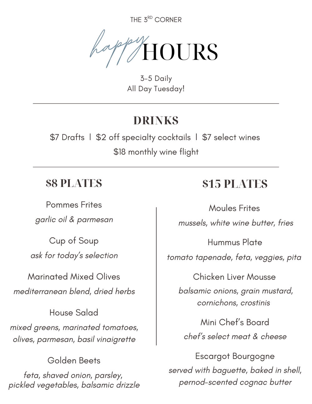 Happy Hour Menu — The 3rd Corner