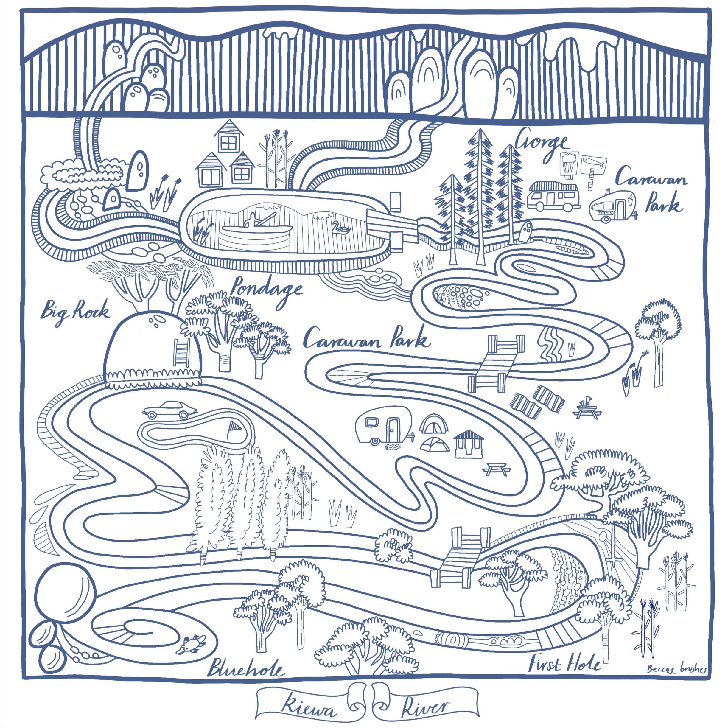 The Kiewa River mural map was our first ever waterway mapping project. This design was selected for mural in local Mount Beauty wine bar, Quaff