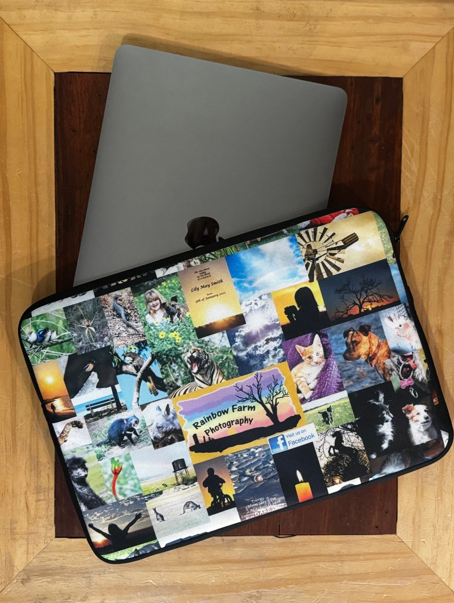 The last of my Redbubble order came yesterday a Laptop sleeve for my apple macbook. 

I had a hard time deciding what image to choose but went with my really old collage for the business will be fun to see it daily and when I am out and about other p