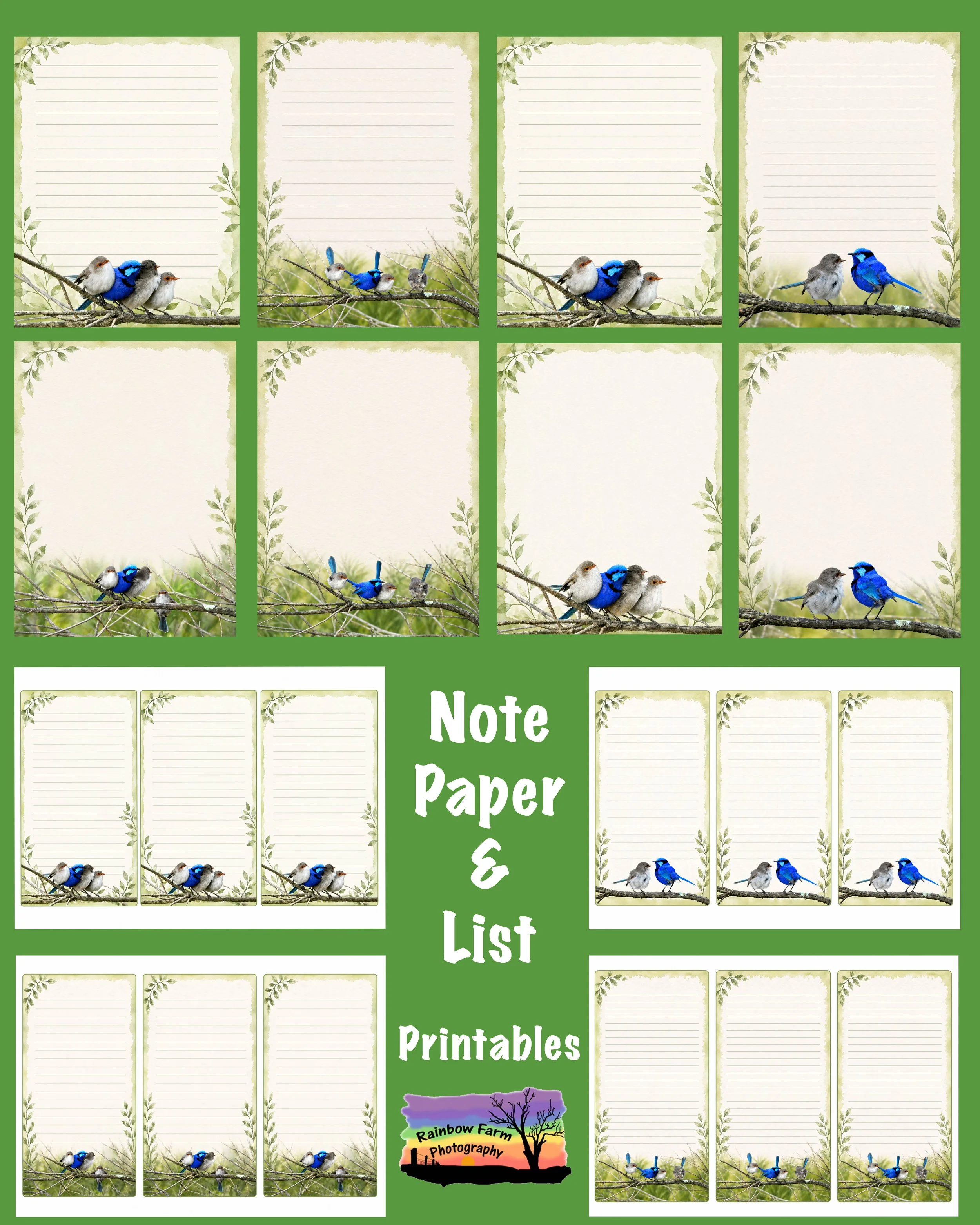 Blue Wren Note Letter Writing Paper  and List Download Printables
