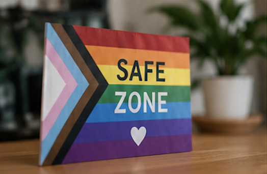 Rainbow pride flag with the words 'Safe Zone' and a white heart symbol.