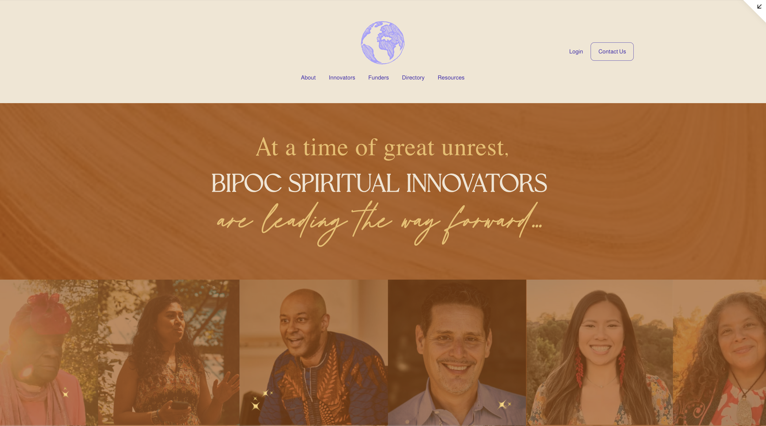 Website header featuring diverse individuals labeled as BIPOC spiritual innovators. Text reads 'At a time of great unrest, BIPOC Spiritual Innovators are leading the way forward.' Navigation links include About, Innovators, Funders, Directory, Resources, Login, and Contact Us."