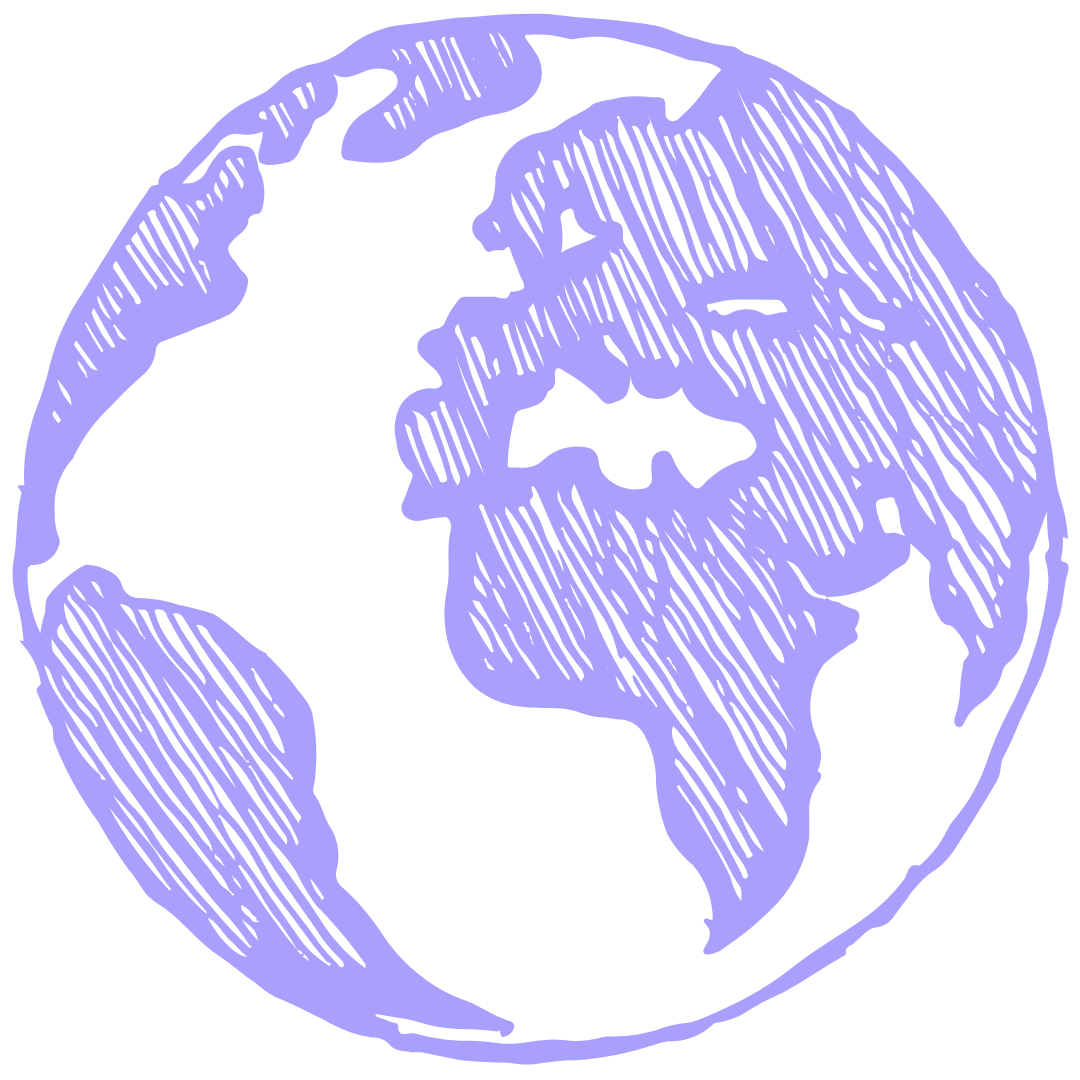 Purple hand-drawn globe illustration showing continents on a black background.