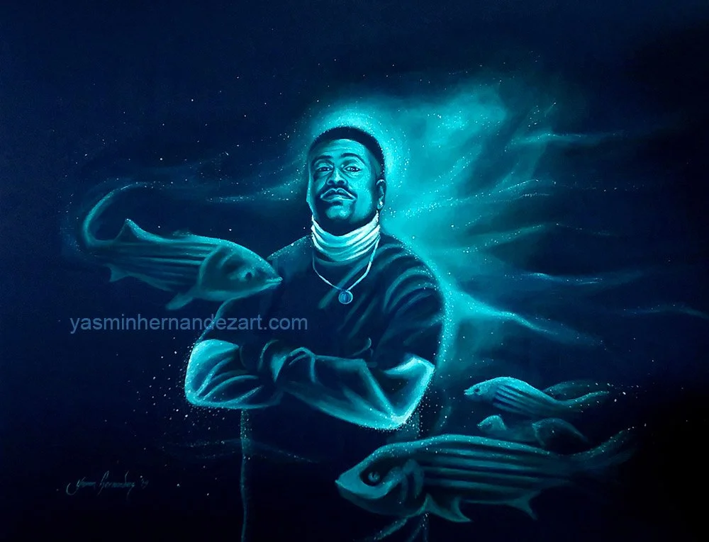 "Bioluminescent Brother," 2019.
Acrylic on dark blue fabric, 32 x 43 inches.
This is my oceanic/ celestial/ bioluminescent B-Boy brother Joseph. We lost him at 43 to Multiple Myeloma, a blood cancer. I finished this painting at precisely the same a