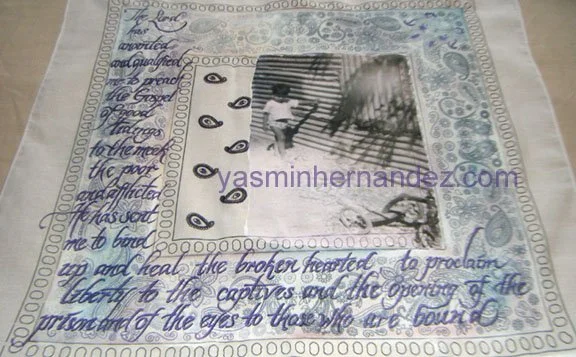 "Prophet Remix", Mixed media on cotton bandana, 20 x 20 inches. Yasmin Hernandez. Outlaw Clothesline. Portrait of my brother as a young boy in Puerto Rico alongside a biblical verse I found in a book of his. It describes the selfless life he led. (T