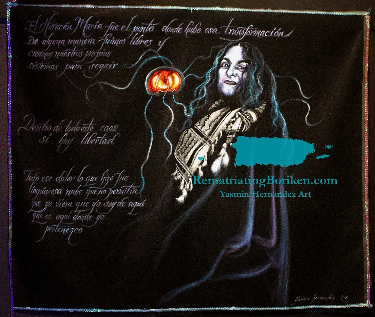 "Es aquí donde yo pertenezco" (Marisol), 2024. Yasmin Hernandez.
Portraits from the Trench. Acrylic and sequins on black velvet.
“El Huracán María fue el punto donde hubo esa transformación. De alguna manera fuimos libres y creamos nuestros propios