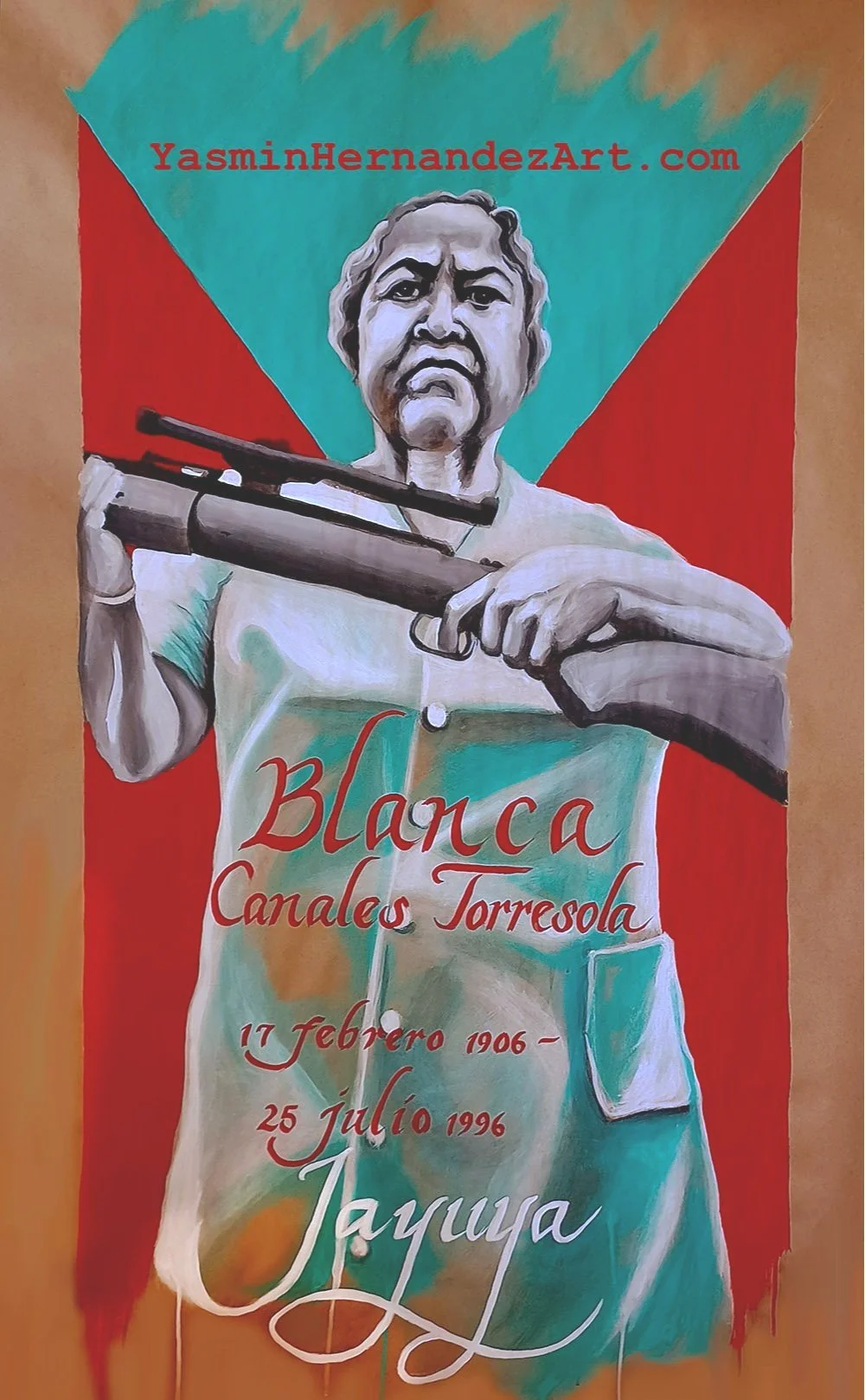 "Soldaderas: Blanca Canales", 2021. Yasmin Hernandez. Acrylic on brown paper, 48”x 36”. Ten years since my Soldaderas mural, I contemplated Puerto Rican women fighting US imperialism. Blanca Canales Torresola was the leader of the 1950 revolution tha