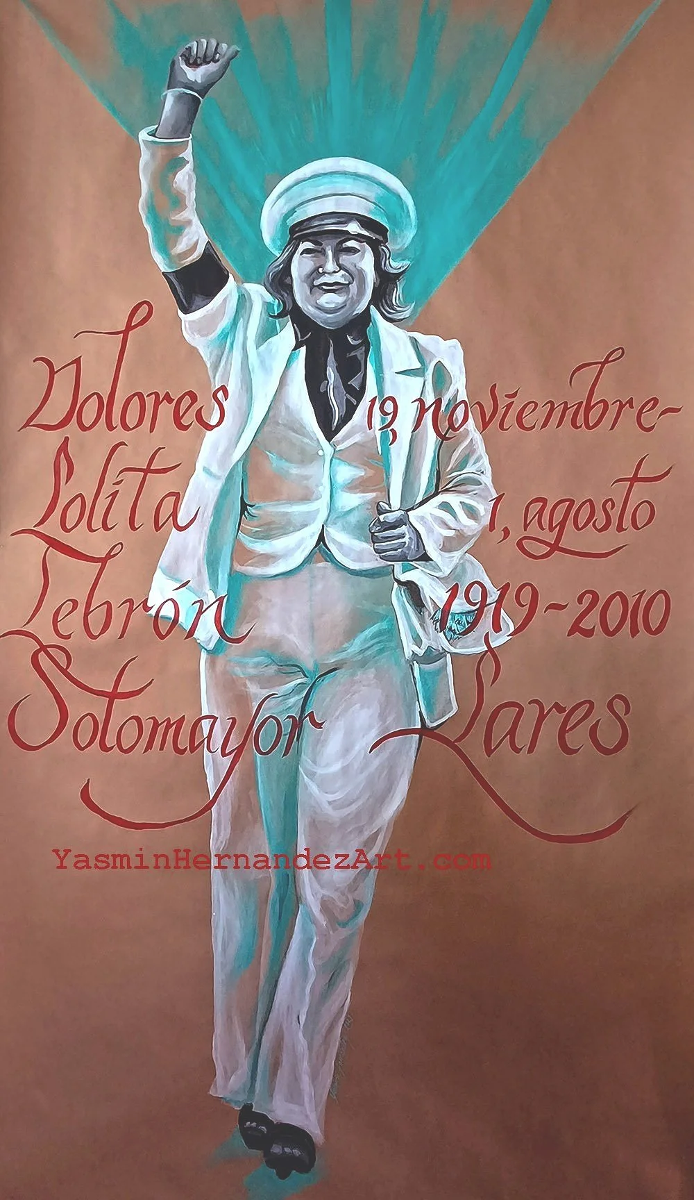 "Soldadera: Lolita Lebron:" 2021, Acrylic on Brown Paper, 55”x36”. Contemplating ten years since my Soldaderas mural, I began this series of women fighting continued US imperialism. Lolita Lebrón Sotomayor was born on November 19, historic day of Col