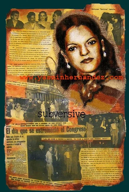 "Carpeta: Lolita Lebron", 2007. Archivos Subversivos. Yasmin Hernandez. Acrylic, collage, burlap, paper clips, file labels on manila file folder, 18" x 12". Puerto Rican Nationalist Lolita Lebron is featured alongside images of her March 1st 1954 arr