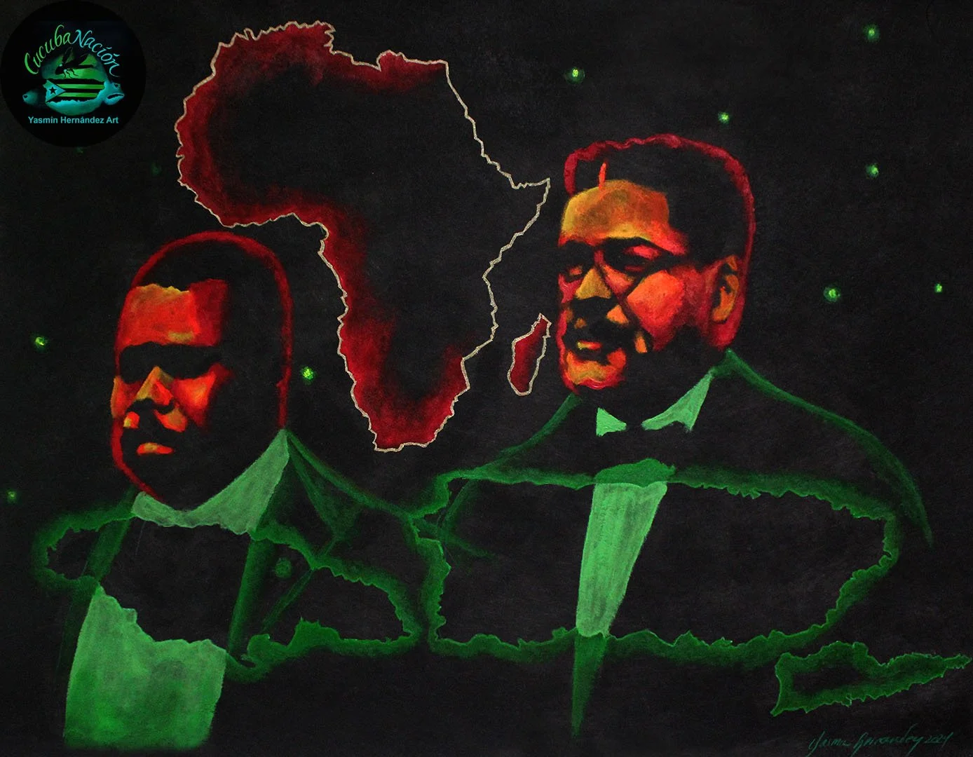 Yasmín Hernández, “AfroAntillas” 2024
Acrylic on polytab cloth, 24” x 30 ¼”
Retrato del jamaiquino Marcus Garvey, Nacionalista del movimiento Pan Africanista. Fue Marcus Garvey quien seleccionó los colores rojo, negro y verde a representar este movim