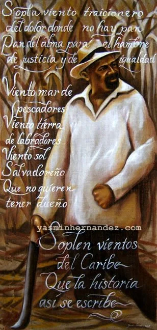 “El Jíbaro” 2006. Yasmin Hernandez. Acrylic on burlap, 84" x 39. Portrait of Musica Jíbara artist Andrés Jiménez. This portrait places the musician in a sugar cane field, machete in hand. Featuring an excerpt of lyrics to his song "Barlovento:" (Sopl