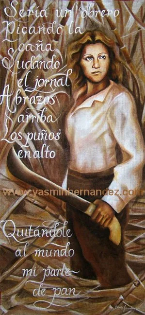 “Jibara Julia” 2006. Yasmin Hernandez. Acrylic on burlap, 84" x 39". Portrait of the legendary Puerto Rican poet Julia de Burgos (1914-1953). This image depicts her as the liberator she described in her poetry. Featured in calligraphy is an excerpt f