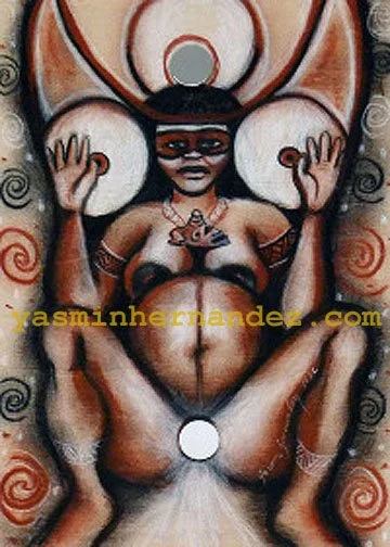 "Atabex Natural" 2012.
Charcoal, conte crayon and mirror discs on wood panel. 7" x 5". Atabex is the Taíno fertility goddess. She is surrounded by spiral representing water and fertility. Circles with a dot in the center, as seen in her headdre