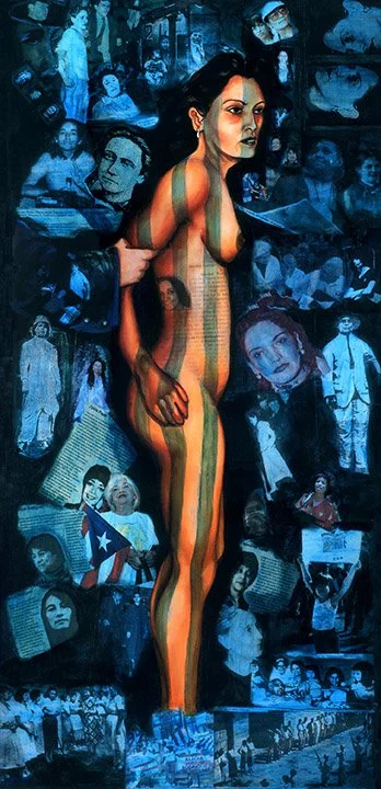 "Pesar y orgullo de la revolucionaria" 2004, Mixed media on canvas, 48" x 24". This portrait of Puerto Rican Nationalist Lolita Lebron shows her at the time of her arrest having led an armed protest at the US Capitol on March 1, 1954. She is nude wi