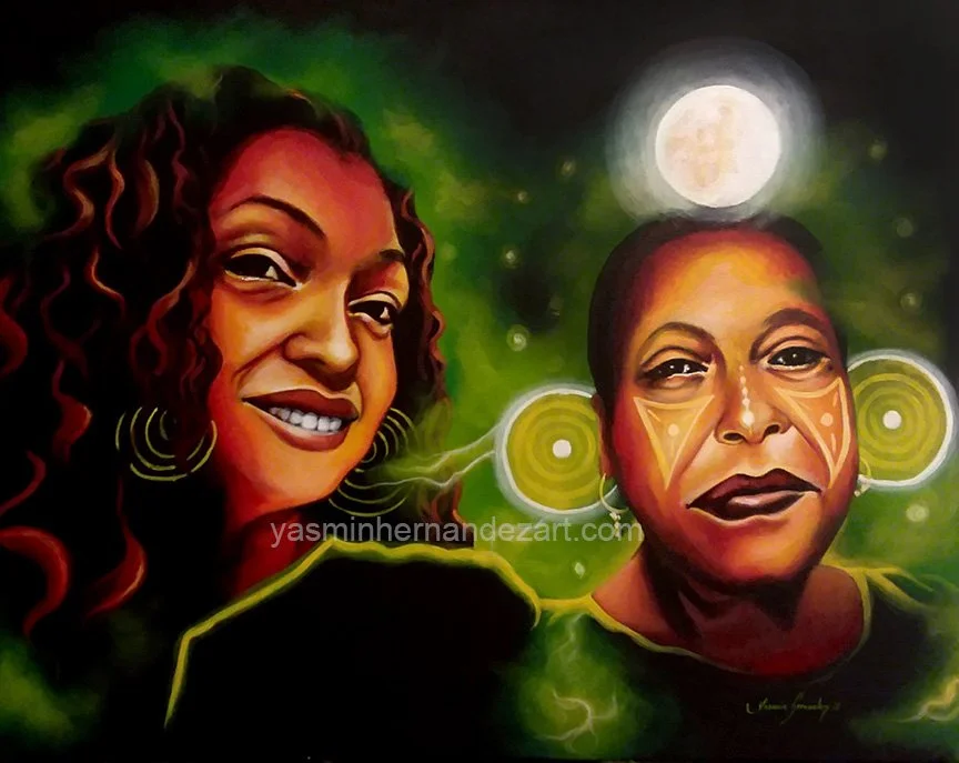 "La luz que me alumbra" 2019 (The light that illuminates me) Acylic on canvas, 24" x 30"
In this self-portrait with my mother I consider the glow of fireflies in the same way I work with nebulas to represent spirit energy. Thinking to myself that I