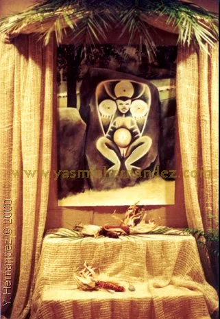 Bohío detail. “Alma Boricua” 2000. Yasmin Hernandez. Installation at the Cornell Council for the Arts, Invitational Exhibition. Herbert F. Johnson Museum of Art, Cornell University, Ithaca, NY. This installation is a tribute and exploration of Boricu