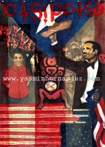 “¿Estadista?” 1996. Yasmin Hernandez. Mixed media on canvas, 48" x 32". This is one of various flags painted on canvas with grommets. The indigenous figure of Atabey and the fetus reference the mass sterilization of Puerto Rican women. Albizu and the