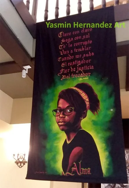 "Flor de Justicia" (Alma Yarida Cruz). 2018. Acrylic on black fabric, 8 x 4 feet
Lyrics by Rita Indiana
2018. Acrylic on black fabric
8' x 4'
Lyric excerpt by Rita Indiana: Clavo con clavo/ Soga con sal/ To' lo corrupto van a temblar/ Cuando me suba