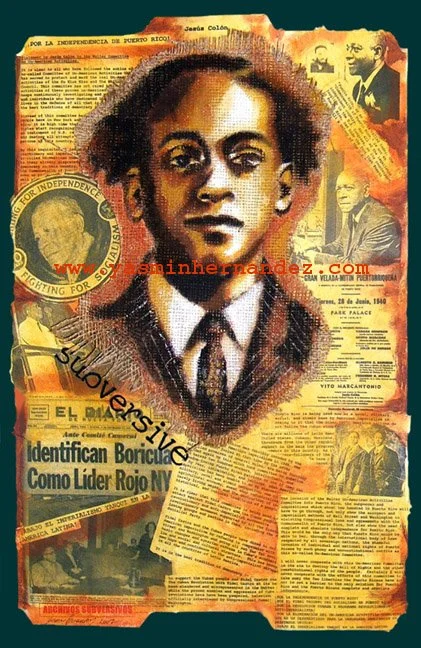 "Carpeta: Jesús Colón, 2007. Yasmin Hernandez. Archivos Subversivos. Acrylic, collage, burlap, paper clips, file labels on manila file folder, 18" x 12". Journalist, writer, activist, communist, Jesús Colón is featured alongside newspaper clippings a