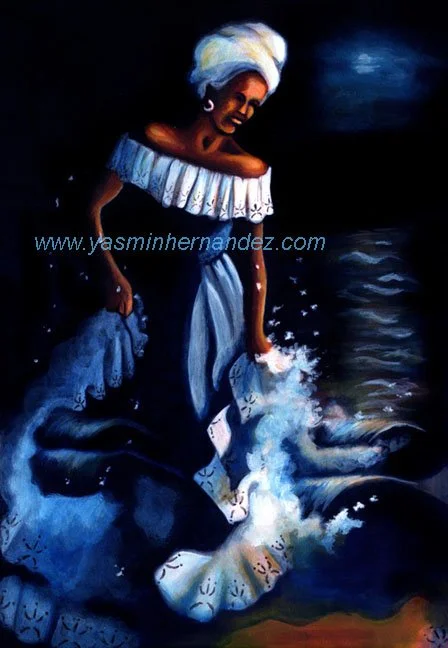 "Yemaya Asesu," 1999, Oil on canvas, 30" x 24" This was my first portrait of Yemaya, created in the underpainting/ glaze technique. I titled it Yemaya Asesu as it was created as a gift for my cousin, and that is the aspect of Yemaya that he has crown
