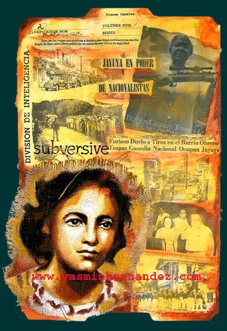 "Carpeta: Blanca Canales" 2007. Archivos Subversivos. Yasmin Hernandez. Acrylic, collage, burlap, paper clips, file labels on manila file folder, 18" x 12". 1950 Jayuya uprising leader, Puerto Rican Nationalist, Blanca Canales, is featured alongside