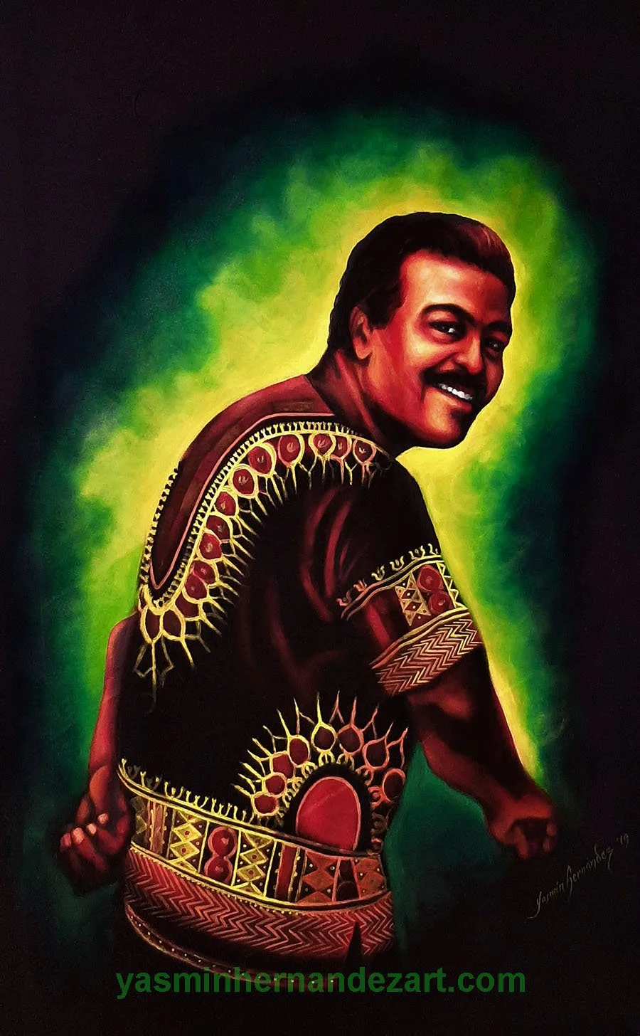 "Fly Papi" 2019. (Portrait of my father)
Acrylic on black fabric, 38 x 30 inches. Portrait of my father in the 1980s, from my CucubaNación series inspired by fireflies and bioluminescence. Red heads, black bodies with yellow outlines and green glows