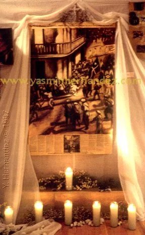 “Ponce Massacre” 1997, Yasmin Hernandez. Hartell Gallery. Cornell University. Oil/ collage on canvas, 51" x 34", fabric, flowers, candle. This first installation of The Ponce Massacre was part of my BFA Thesis project. The Ponce Massacre took place i