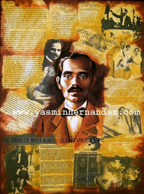 "Carpeta: Pedro Albizu Campos," 2007, Archivos Subversivos. Yasmin Hernandez. Acrylic, collage on canvas. 24" x 18". Featured is Nationalist Party leader Pedro Albizu Campos alongside documents from government files, revealing the radiation torture