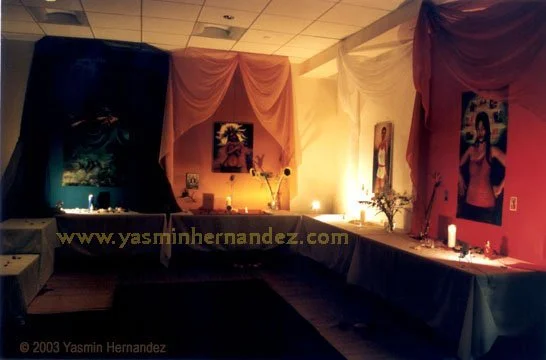 “Goddesses” 2003. Yasmin Hernandez. Installation at the 4th Encuentro, Hemispheric Institute of Performance and Politics. Kimmel Center, New York York University. New York, NY. This installation is a tribute to the divine feminine and to mothers. It