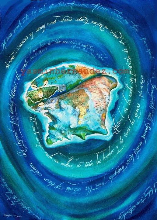 “Boriken Aye” 2012. Yasmin Hernandez. Mixed media on paper, 33" x 22". Created as the poster image for the Puerto Rican Studies Association 20th anniversary conference. The image borrows the seashell from the indigenous fotuto and the Yoruba Eshu Aye