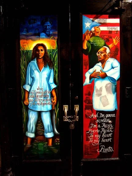 Detail of poet portraits "Despierta" (Soul Rebel: Julia de Burgos) and "Bright Puerto Rican Red" (Soul Rebel: Piri Thomas). “Soul Rebels” 2005. Yasmin Hernandez. Installation as part of el El Museo’s Bienal: The (S) Files. El Museo del Barrio, East H