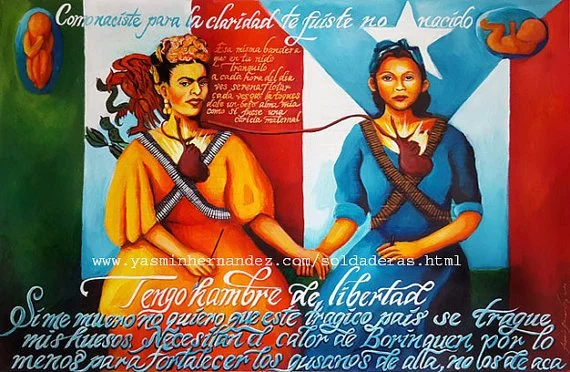 “Soldaderas Remix Print” 2016. (Soldaderas Mural-Frida Kahlo & Julia de Burgos) Yasmin Hernandez. Archival Print on Rag paper. 11 x 17”. This is an anniversary print that I created of my Soldaderas mural, tribute to Mexican painter Frida Kahlo and Pu