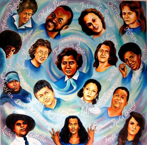 Commissioned by the Edmonia Lewis Center for Women and Transgendered People, Oberlin College, Oberlin, Ohio. Acrylic on canvas, 8' x 8'. Mothers of the motherless envisions various women, queer and trans leaders who "mothered" various communities w