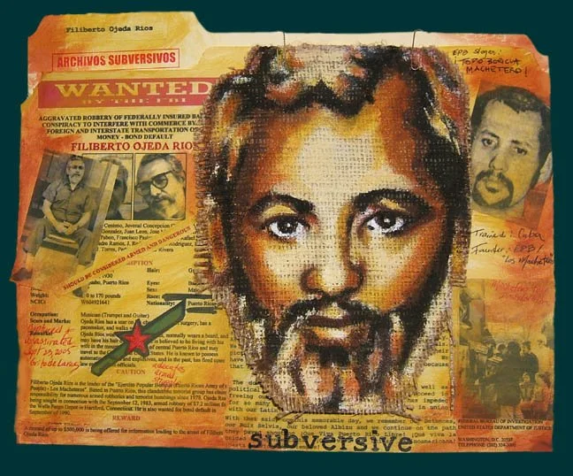 "Carpeta: Filiberto Ojeda Ríos." Archivos Subversivos. Yasmin Hernandez. Acrylic, collage, burlap, paper clips, file labels on manila file folder, 9" x 12". Featured is clandestine revolutionary Filiberto Ojeda Ríos alongside his FBI Wanted poster &