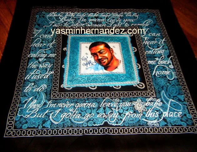 “Hear it Callin’ me back home” 2014. Yasmin Hernandez. Outlaw Clothesline Series. Mixed media on cotton bandana, 20" x 20". This tribute to my brother marks the moment of his passing, recalling how I played him the song "Babe I'm gonna leave you" by