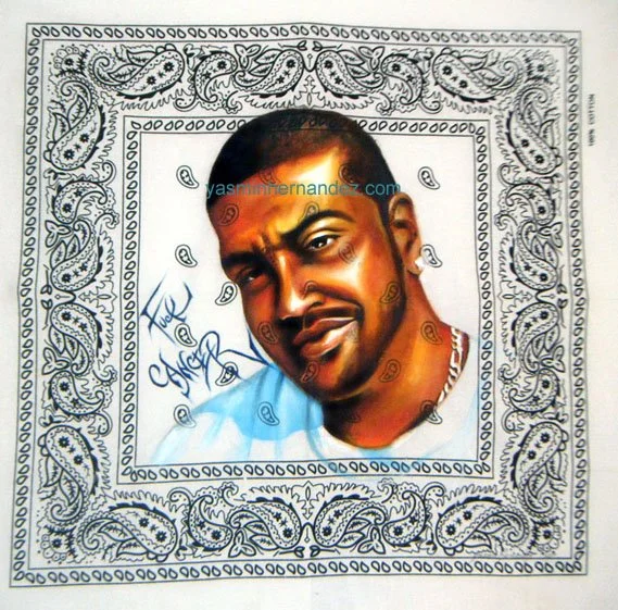 "Fuck Cancer," 2010. Yasmin Hernandez. Acrylic on cotton bandana 20 x 20 inches. This was the first bandana that I painted on directly & that inspired the Outlaw Clothesline series. It was an emotional process to paint my brother's portrait, bringing