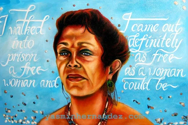 "Querer ser libre" (Dylcia Pagán) 2006. Yasmin Hernandez. Acrylic, seashells and peacock feathers on canvas. 24" x 36". This portrait pf my dear friend and mentor, former Puerto Rican political prisoner and now ancestor, Dylcia Pagán. I painted her a